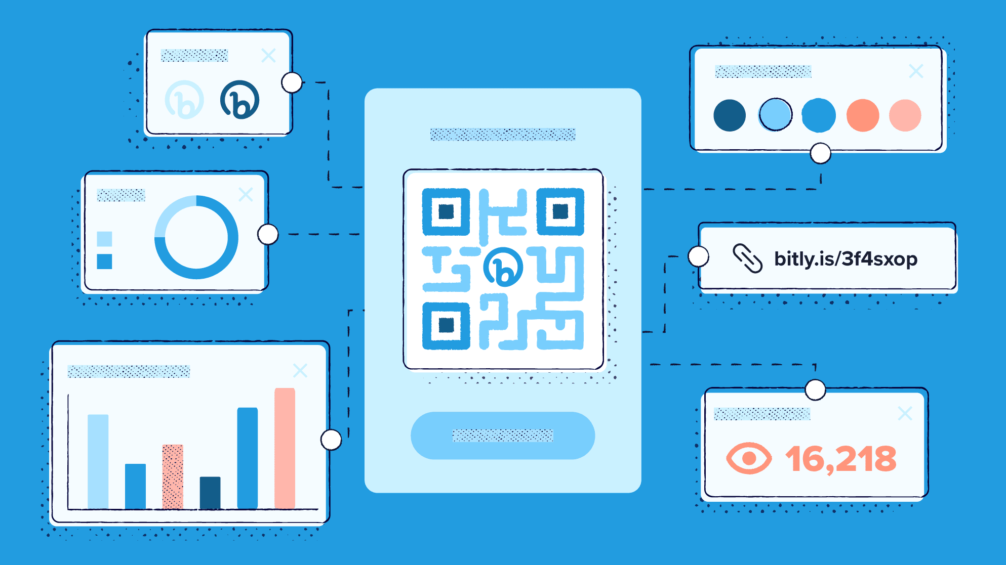 The Bitly logo at the center of a QR Code surrounded by graphs and links.