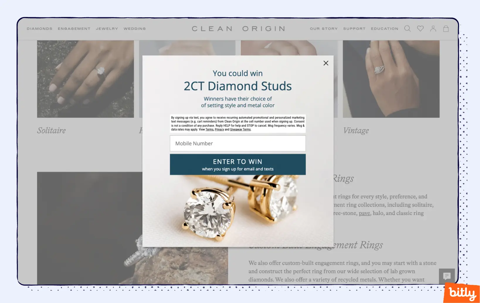 A popup window on the Clean Origin website allowing a user to enter their phone number for a chance to win diamond earrings.