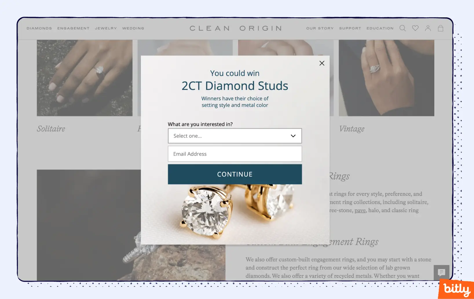 A popup window on the Clean Origin website allowing a user to enter their email address for a chance to win diamond earrings.