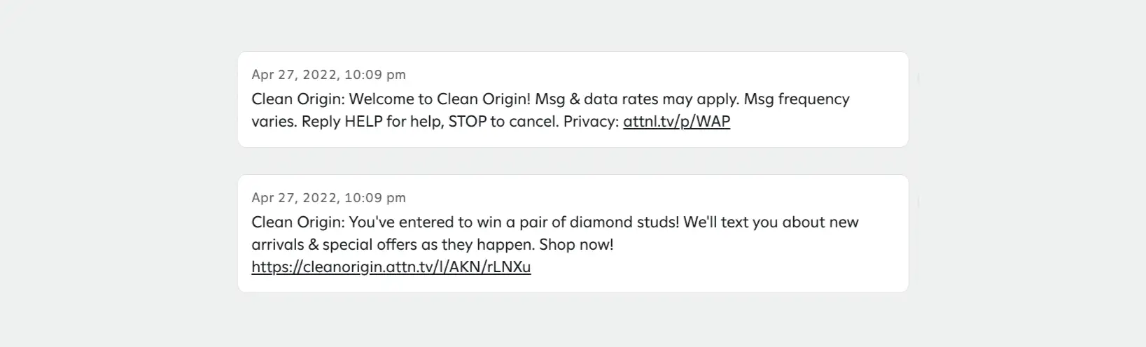 A confirmation SMS sent from Clean Origin informing the user that they have opted into receiving text messages.