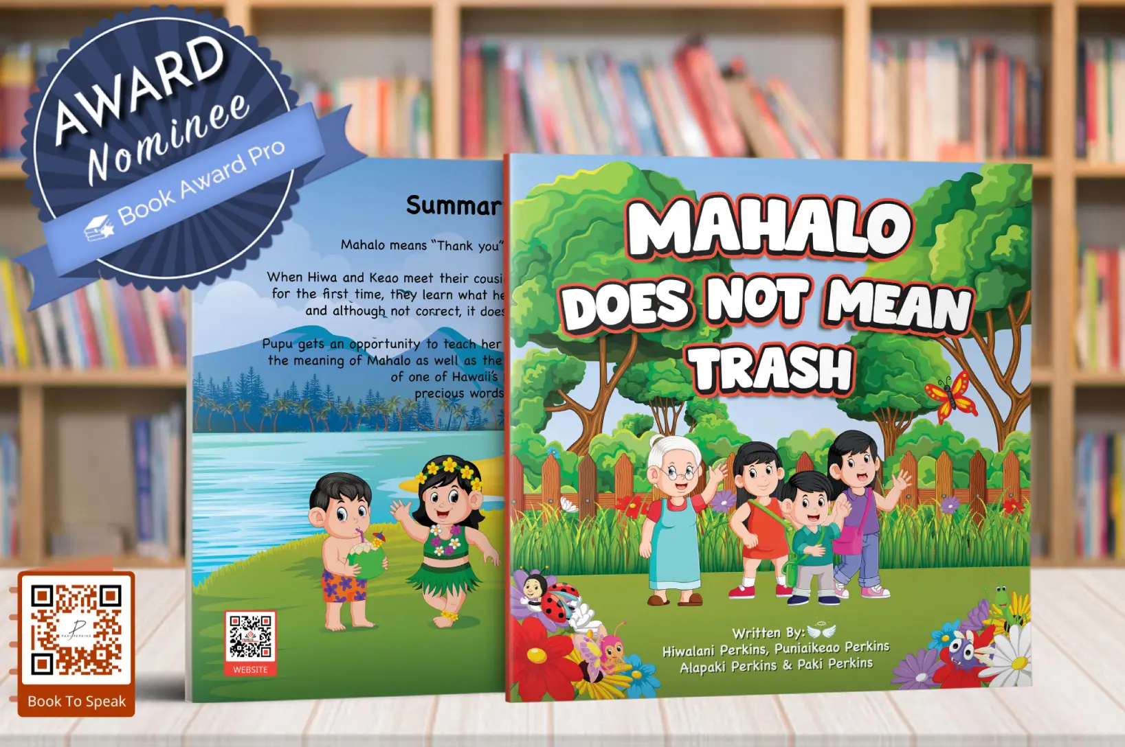 A colorful children's book called "Mahalo Does Not Mean Trash" with a QR Code call to action.