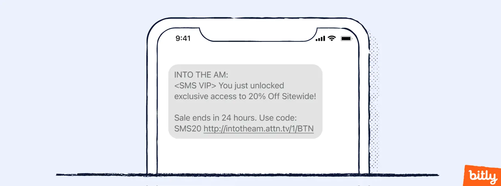 An SMS on a smartphone informing the user that they get 20% off on a sale.