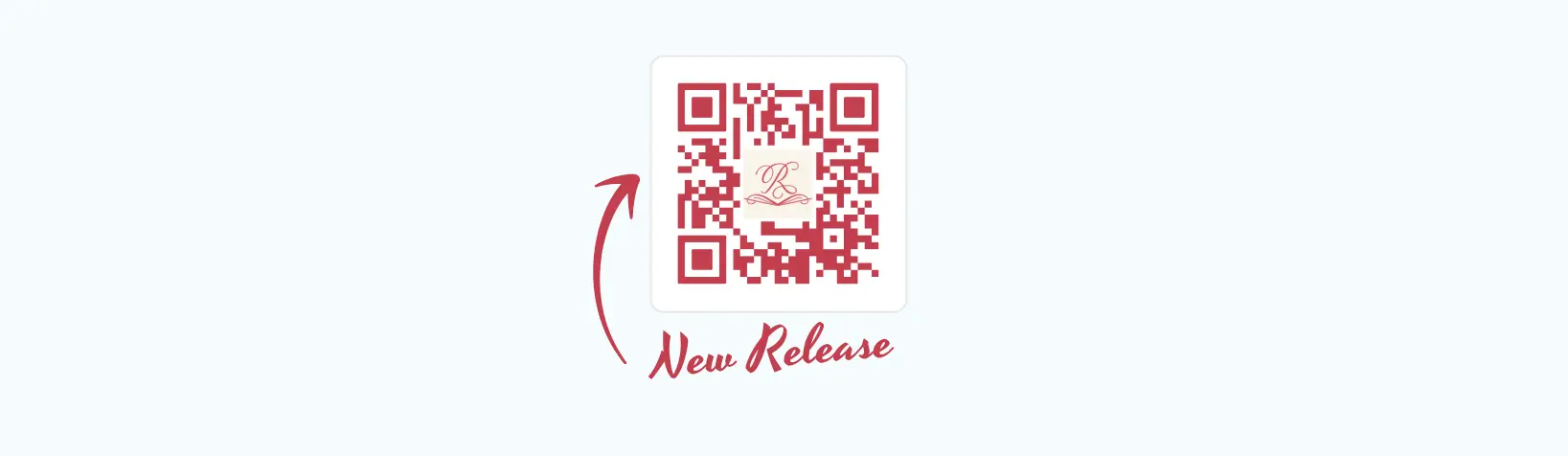 A red QR Code with an arrow pointing to it with the words "new release".