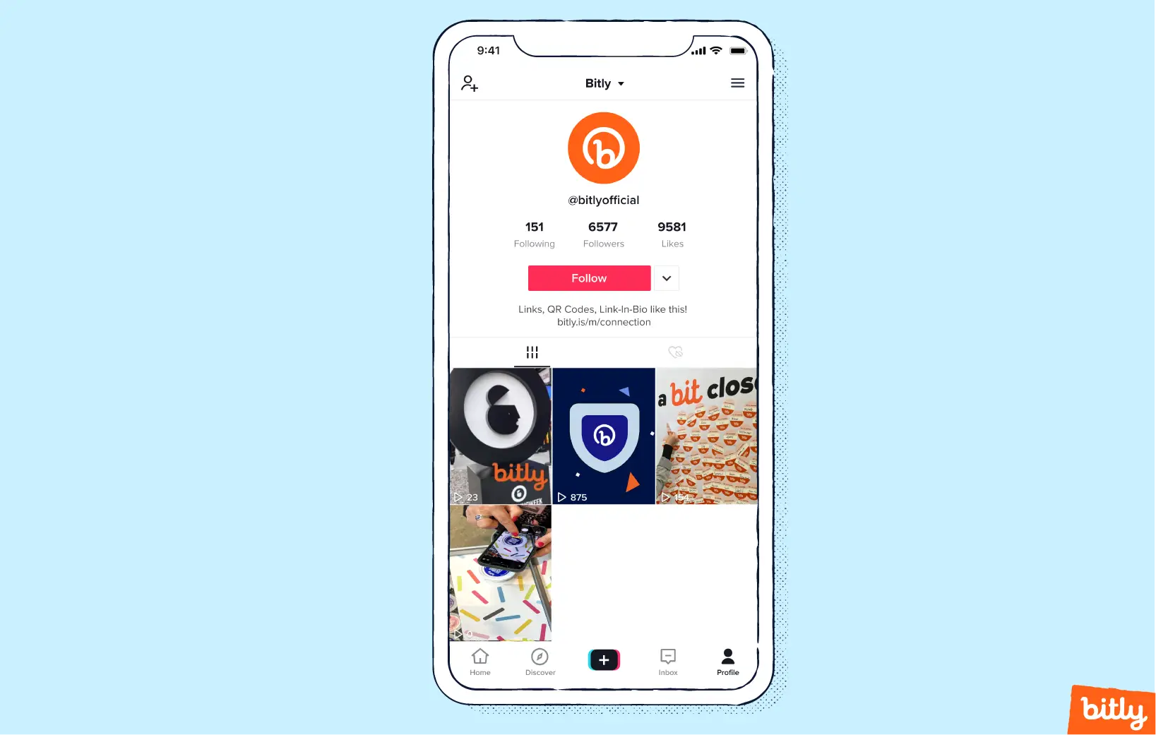 A render of Bitly's TikTok profile with a Link-in-bio on a blue background.