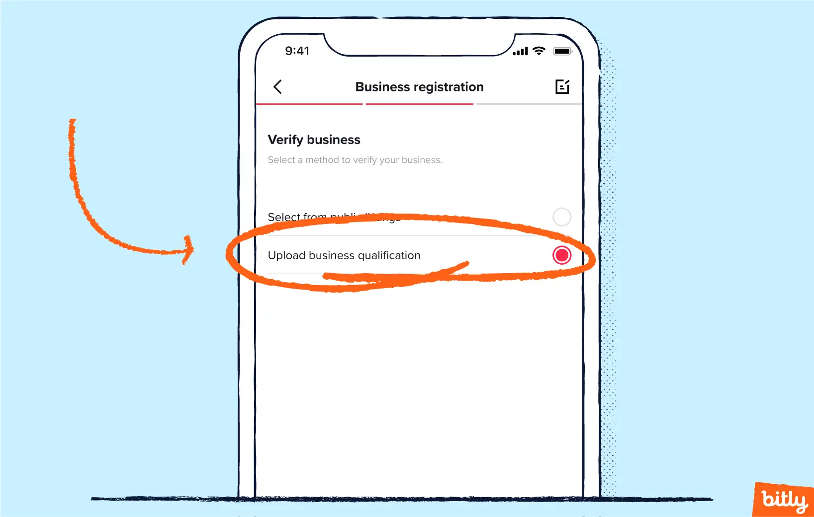 An orange arrow pointing to the circled words Upload business qualification on a phone.