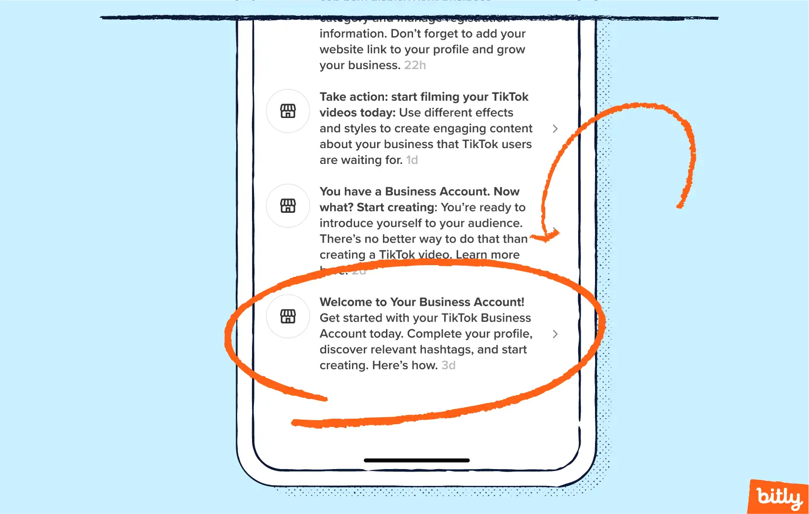 An orange arrow pointing to circled words welcoming a user to their business account on a phone.