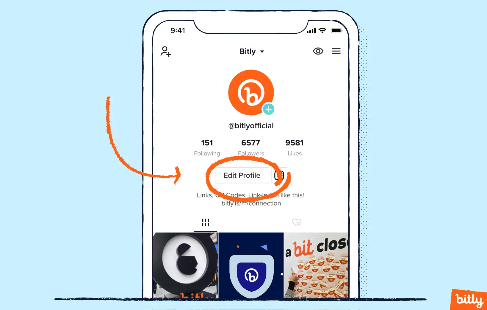An orange arrow pointing to the circled words Edit Profile on Bitly's TikTok page.