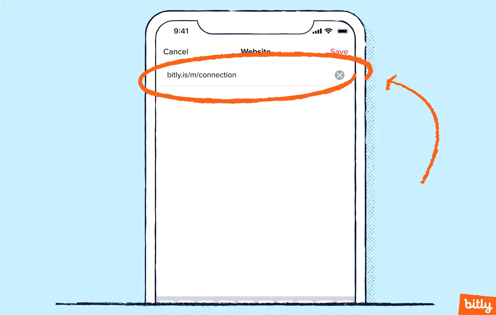 An orange arrow pointing to a circled link on a phone.