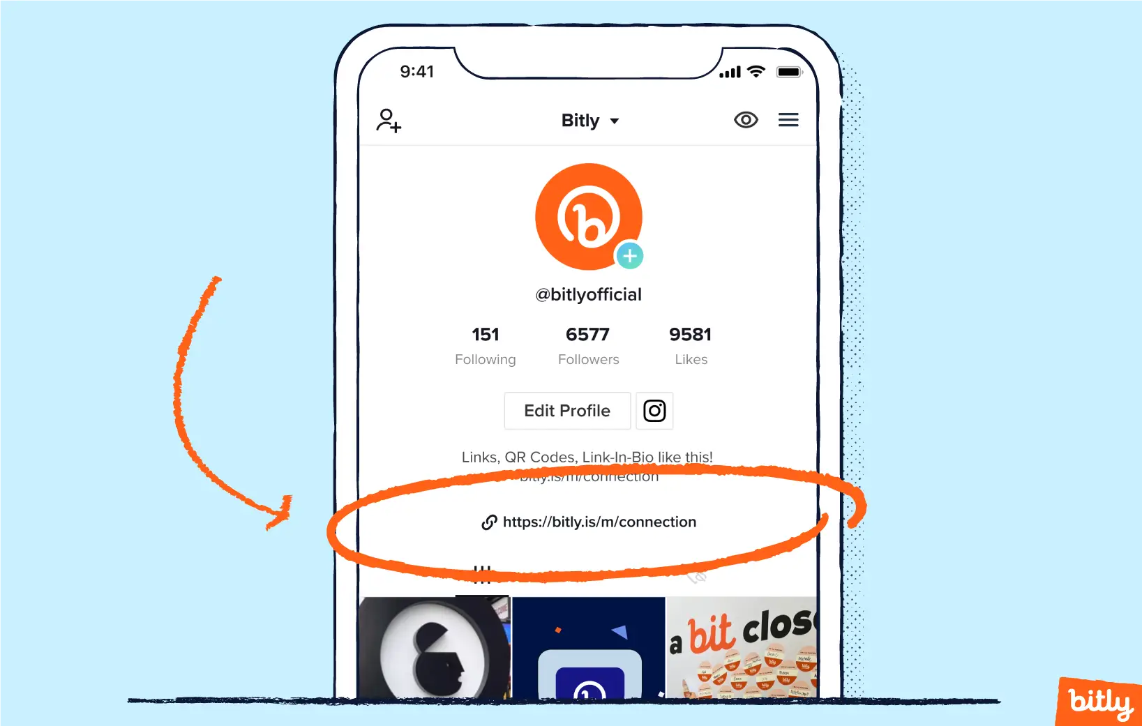 An orange arrow pointing to a Link-in-bio on Bitly's TikTok profile on a phone.