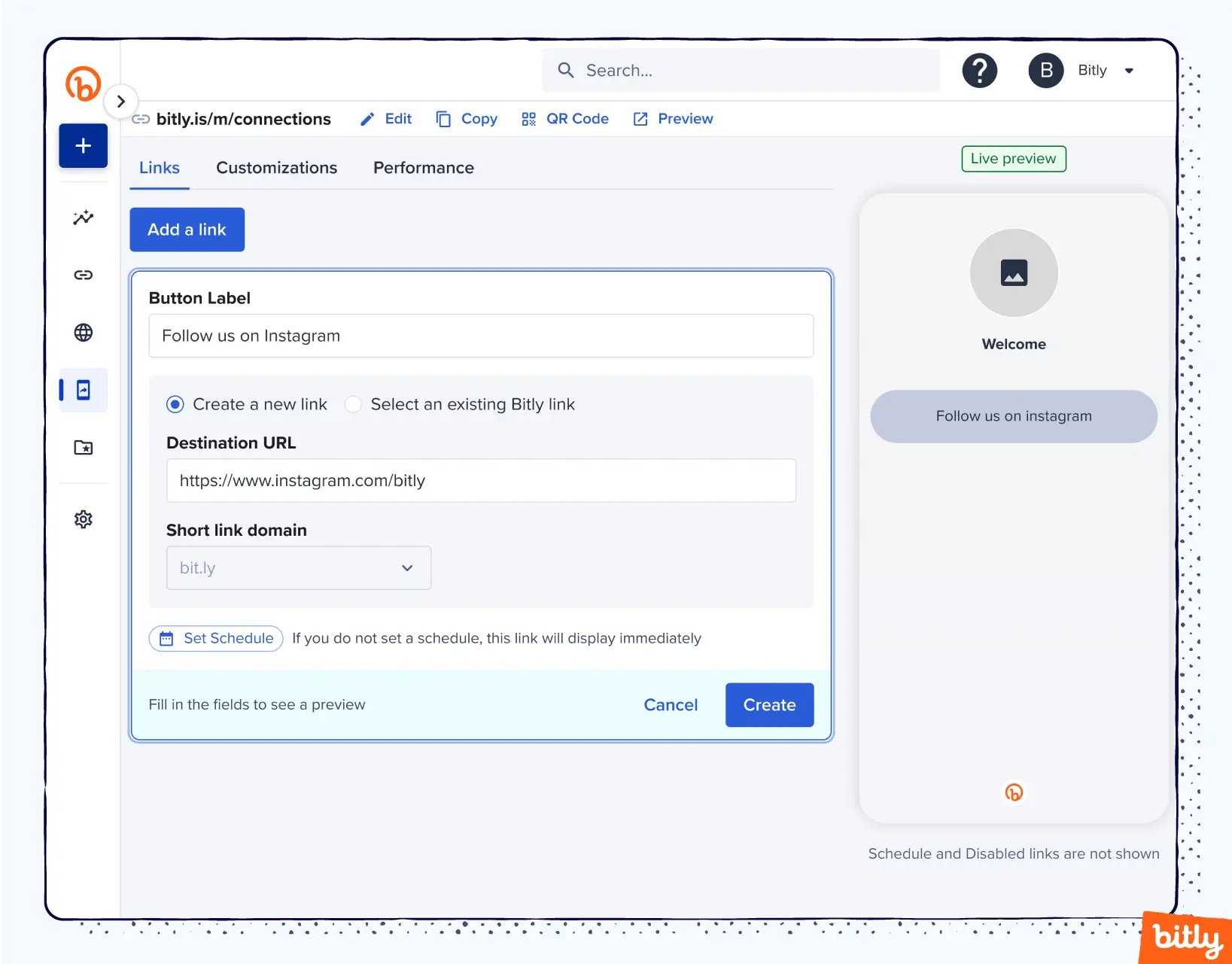 Bitly's Link-in-bio Dashboard showing options to change the links, buttons labels, and schedules.