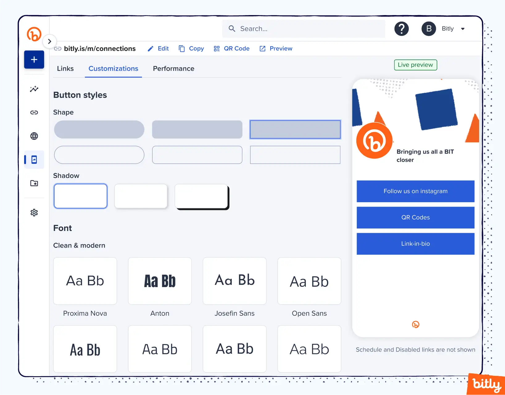 A webpage showing button and font customization options for a user's Bitly Link-in-bio.