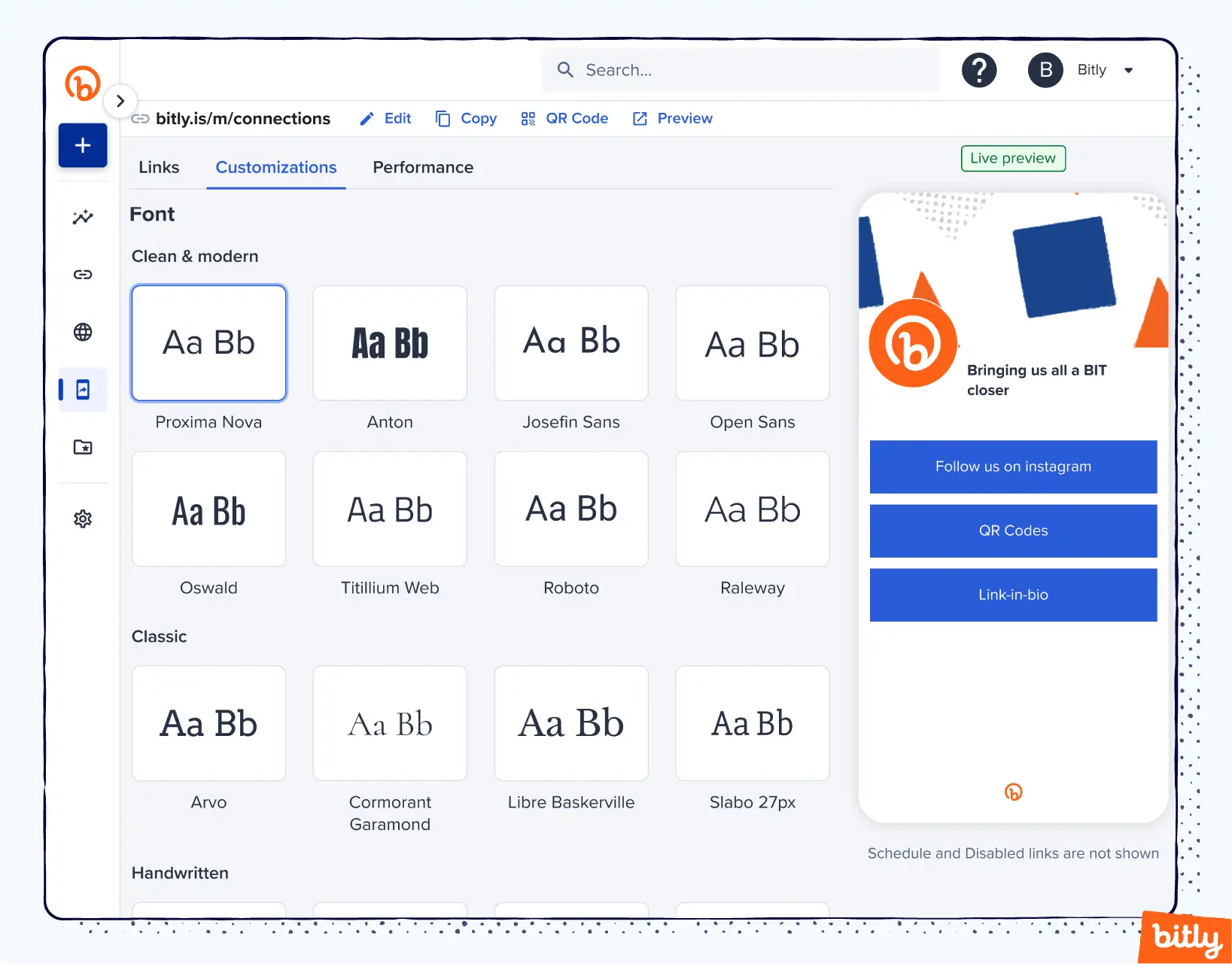 A webpage showing font customization options for a user's Bitly Link-in-bio.