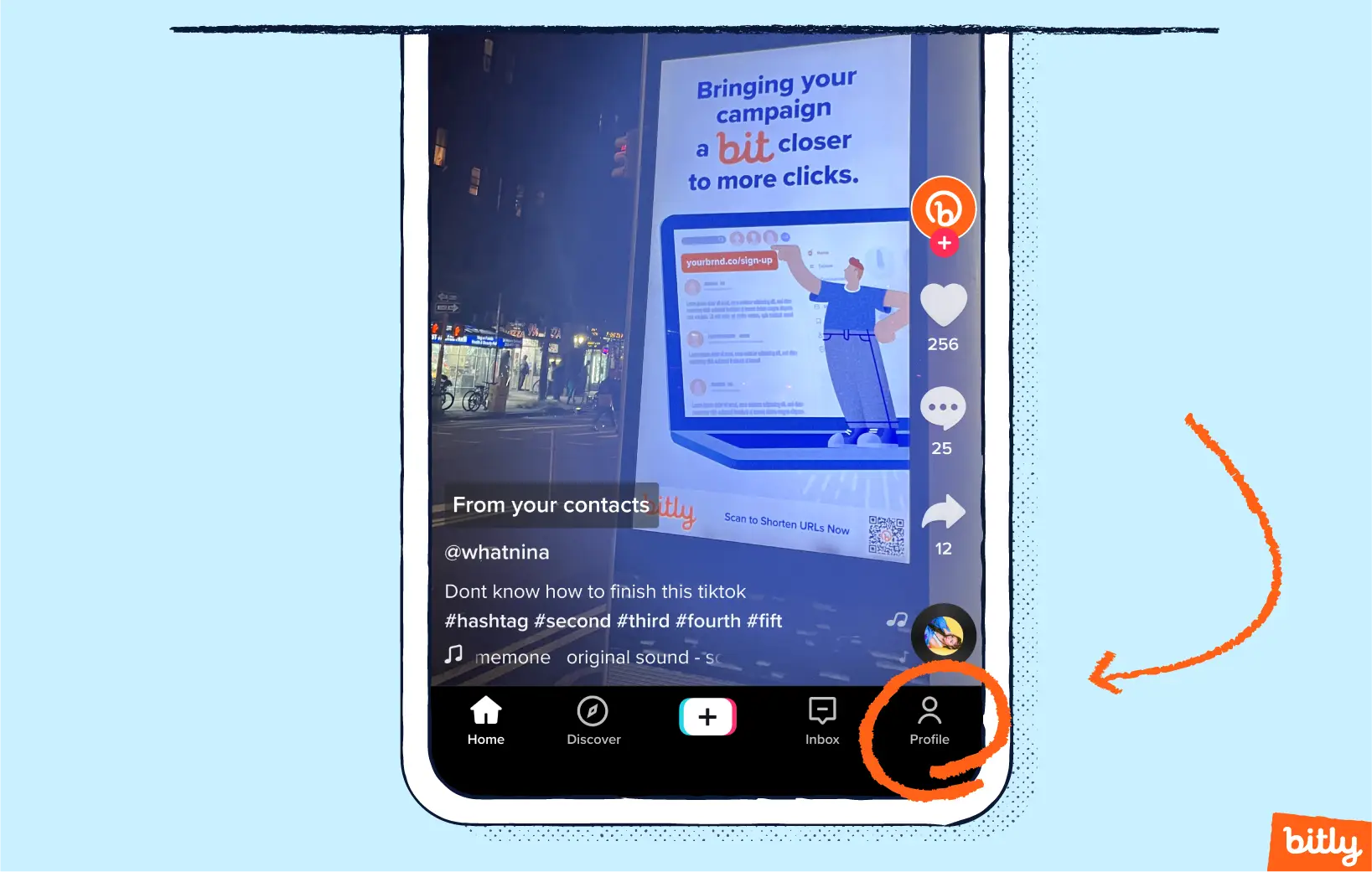 An orange arrow pointing to a circled Profile icon on a TikTok page on a phone.