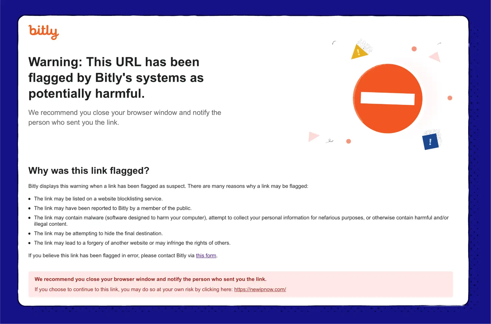 Bitly's warning webpage about a harmful link.