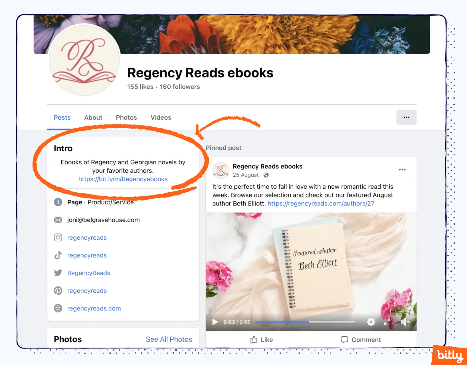 An orange arrow pointing to the intro section of the Regency Reads ebooks Facebook profile showing off a Bitly Link-in-bio link.