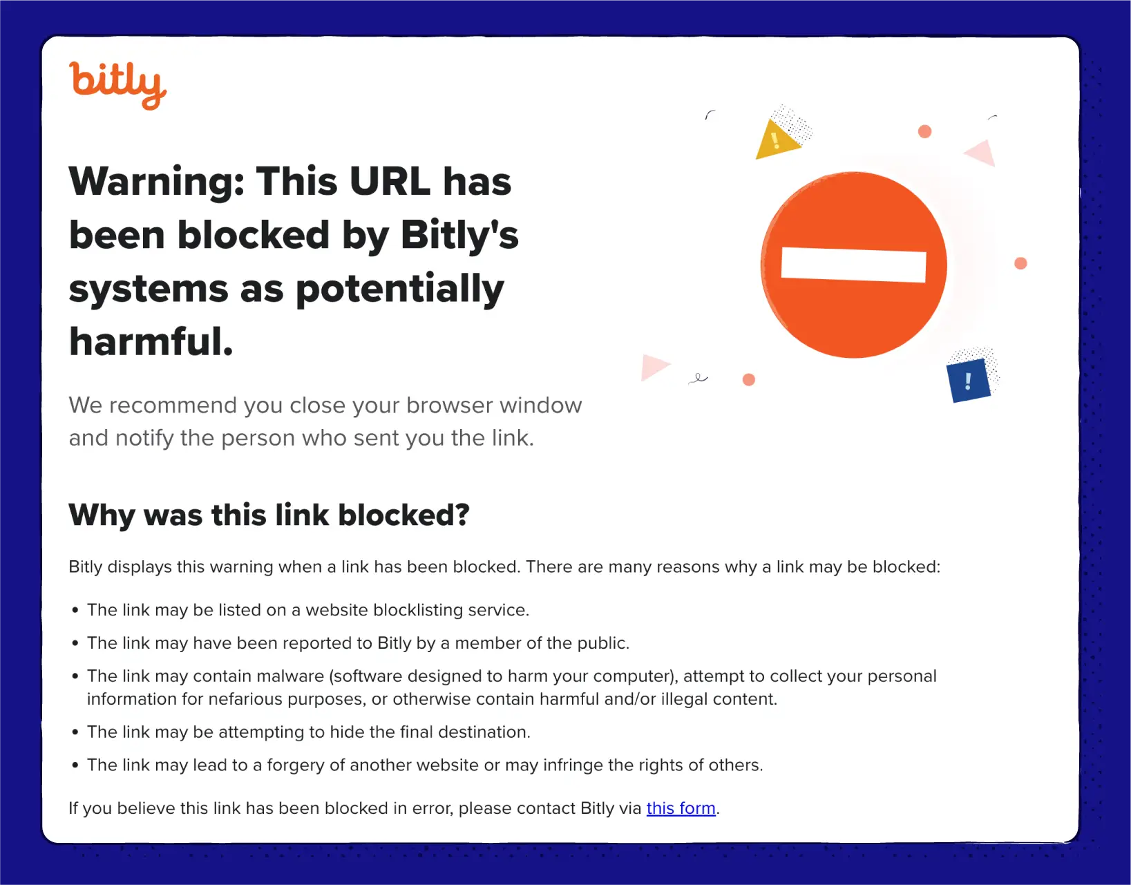 Bitly's warning webpage for a harmful link that has been blocked.