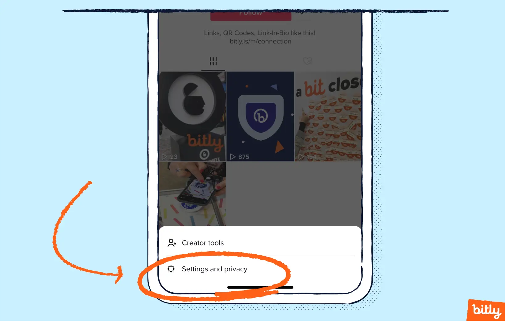 An orange arrow pointing to the settings and privacy button on a TikTok page on a phone.