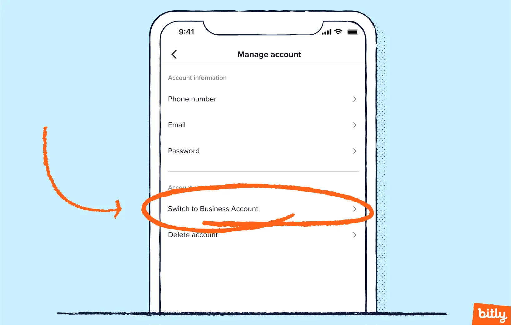 An orange arrow pointing to Switch to Business Account button on a Manage account page on a phone.