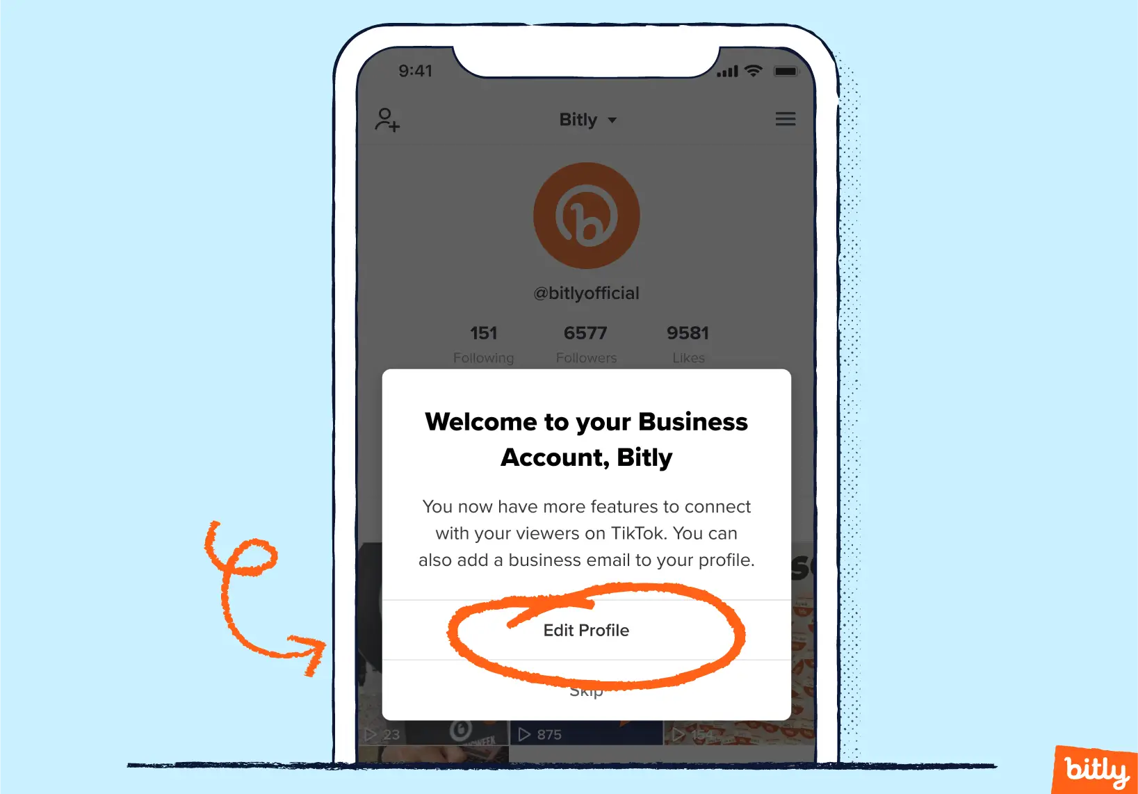 An orange arrow pointing to a the circled words Edit Profile on Bitly's TikTok page on a phone.