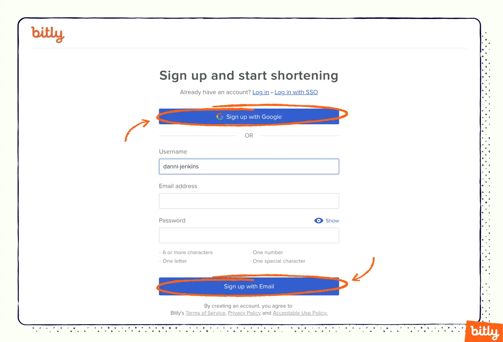 Orange arrows pointing to the two sign up options for Bitly, sign up with Google and sign up with email.