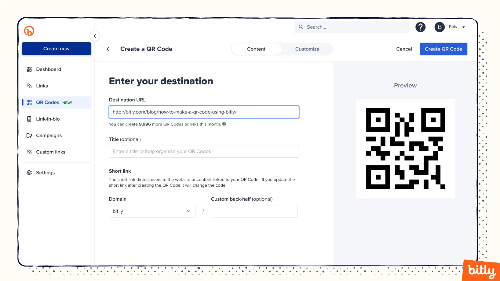 The area of the Bitly Dashboard for entering information about a QR Code.