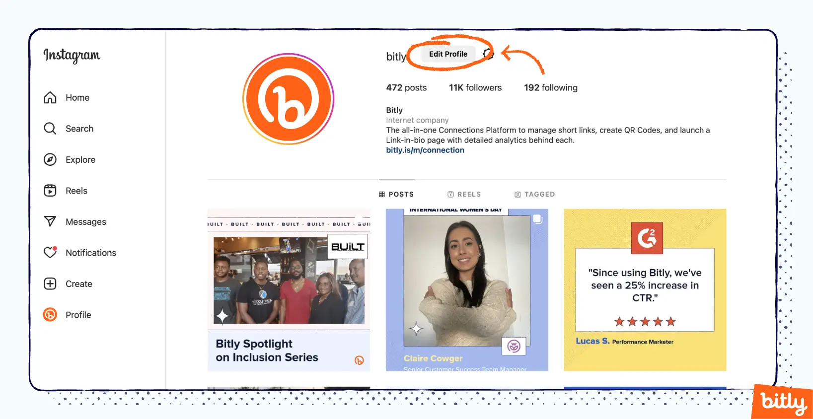 Bitly’s Instagram profile with an orange marker pointing to and circling around “Edit profile”.