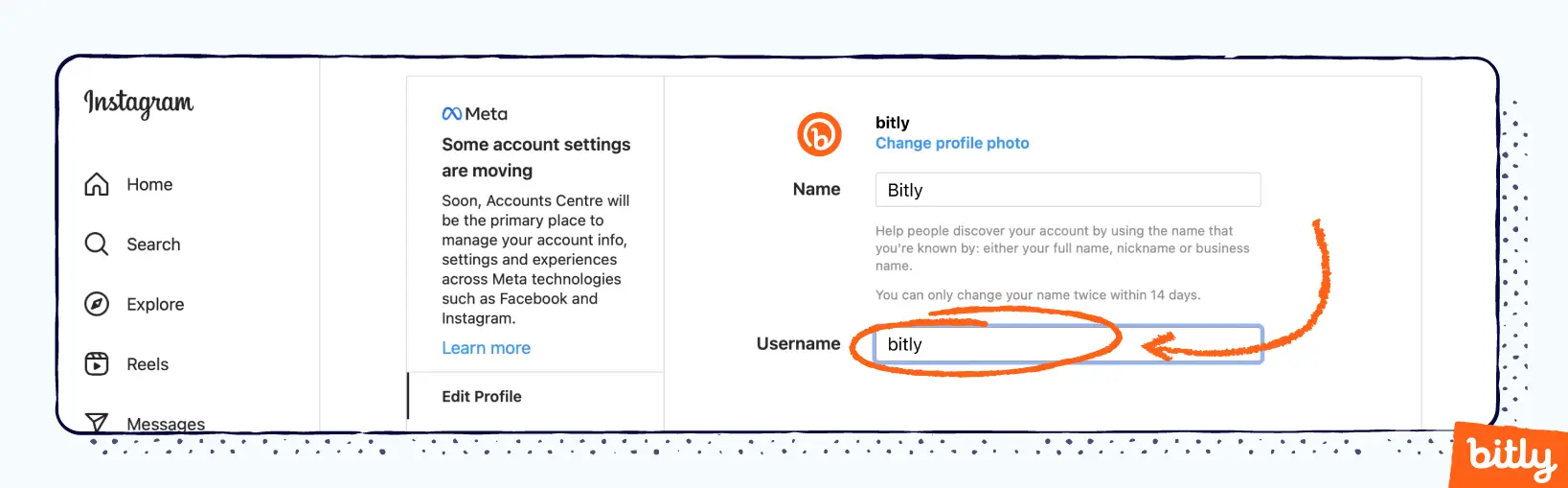 Bitly’s profile on Instagram with an orange marker circling around and pointing to Bitly’s username. 