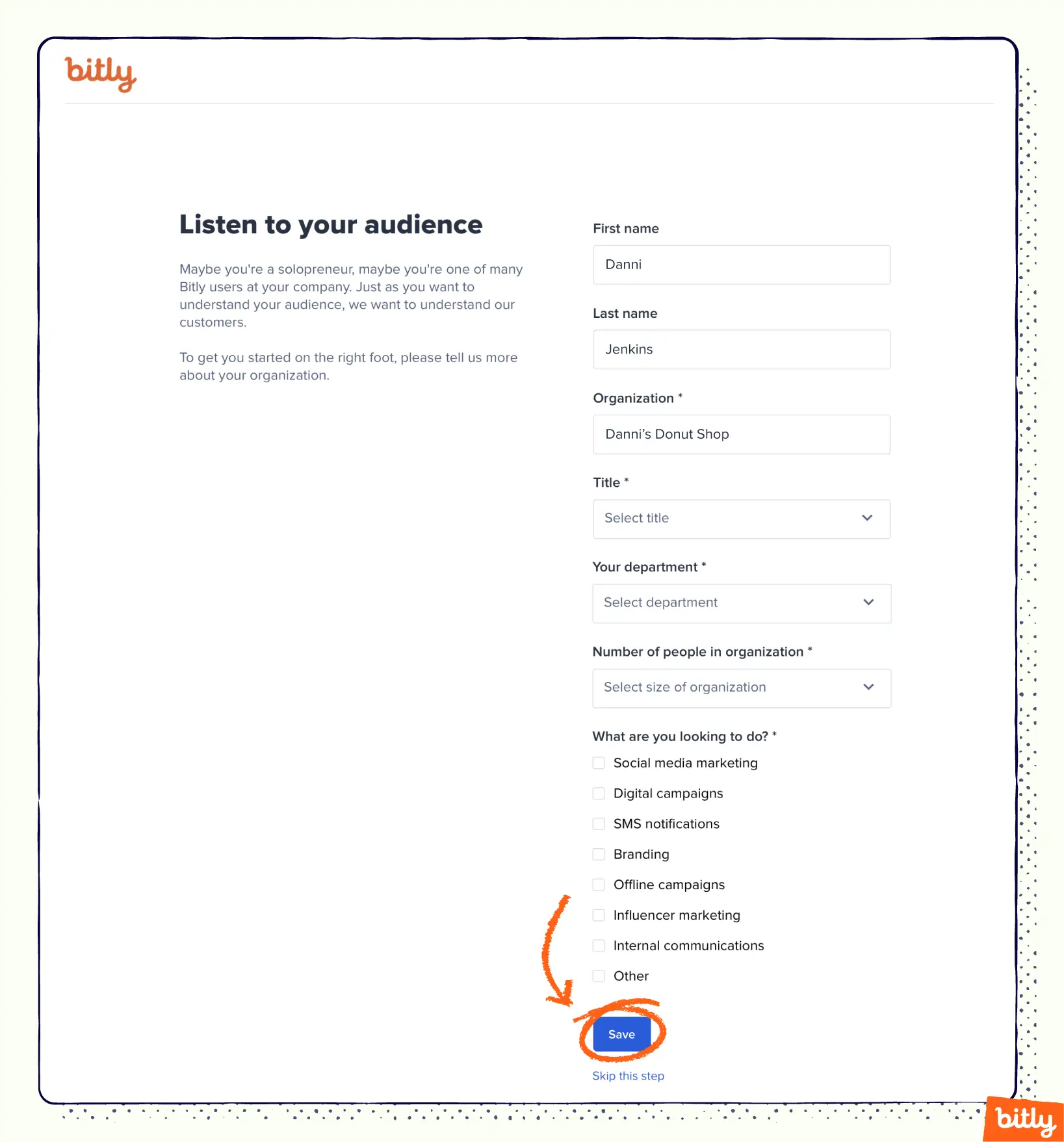 Bitly’s organization information page with an orange marker pointing to and circling around a blue “Save” button.