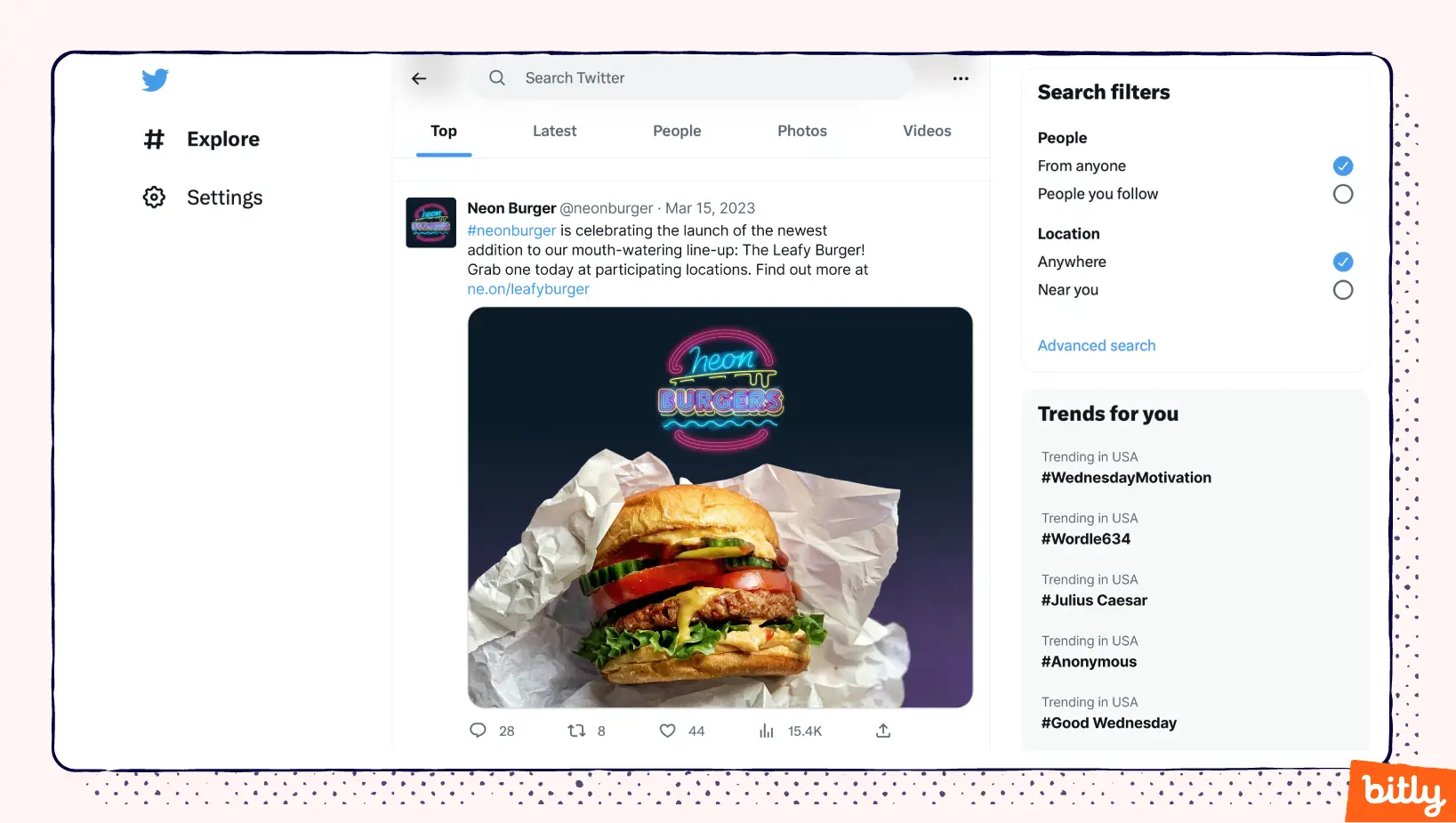 A tweet from Neon Burger announcing a new burger on their menu.