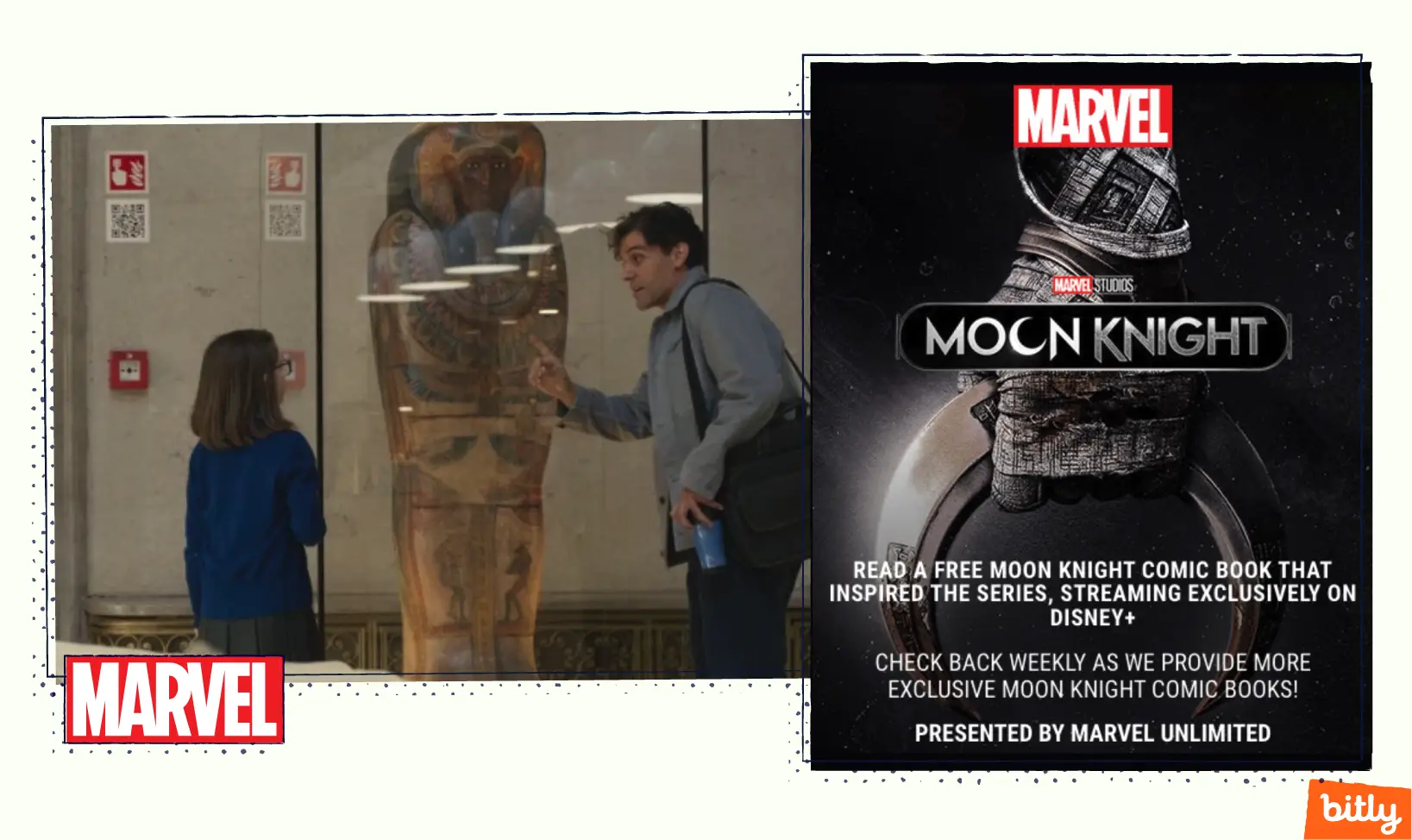 A man and a child next to a Marvel Moon Knight poster.