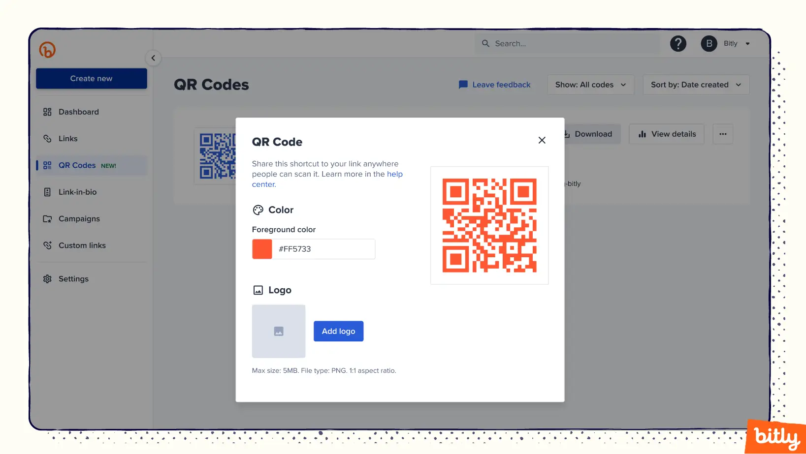 A pop-up window on the Bitly Dashboard for customizing the color and logo on your QR Code.