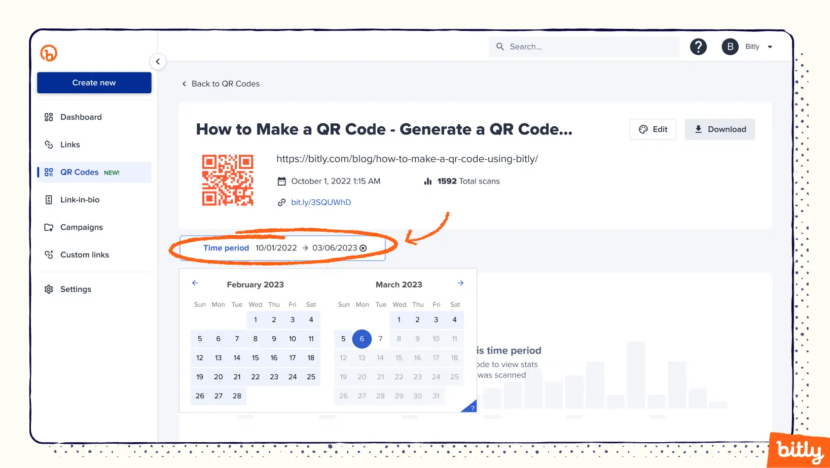 The time period section of the Bitly QR Code analytics page allowing you to input a date range for analysis.