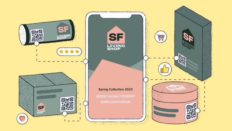 Various product packaging options with QR Codes on them for SF Living Shop.