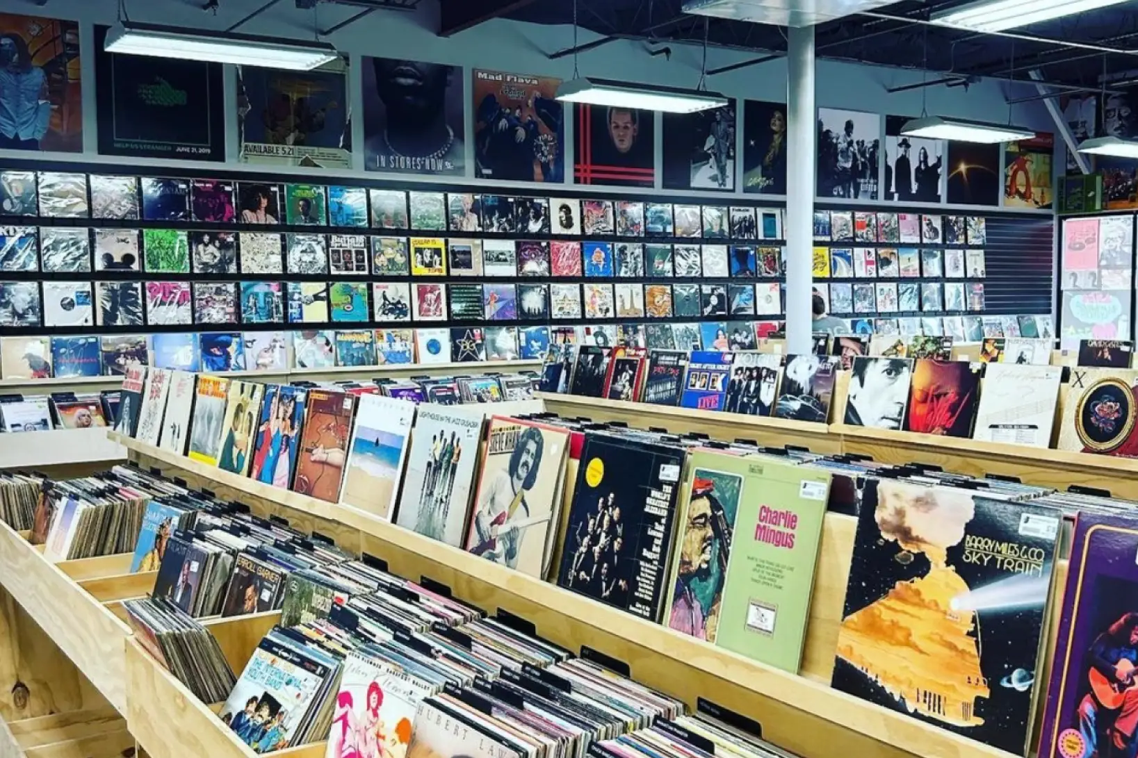 Many records organized on shelves and on the wall in a record store.