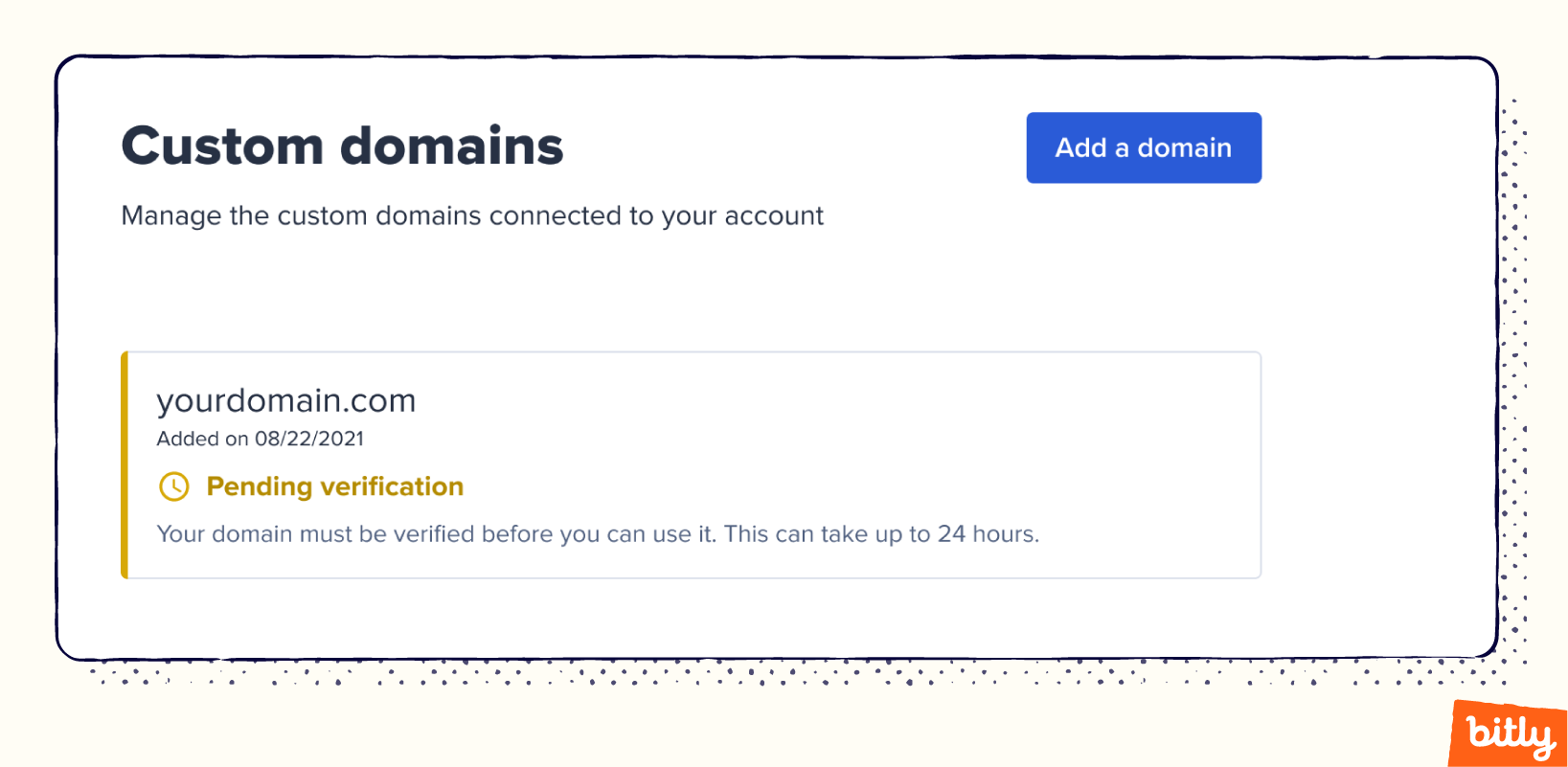 The verification status of a custom domain in Bitly.