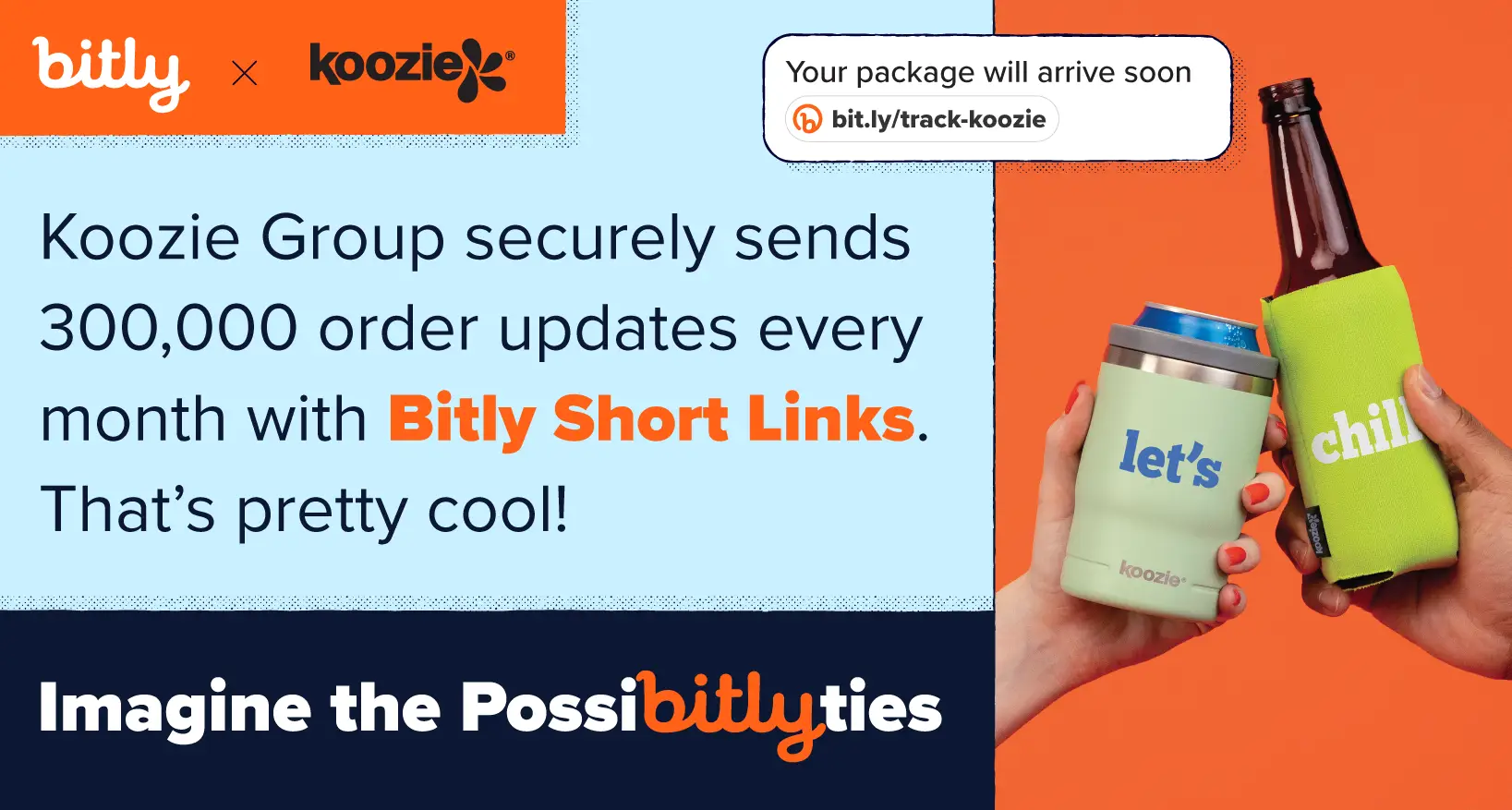 A bottle and a can doing cheers next to info about how Koozie Group uses Bitly short links.