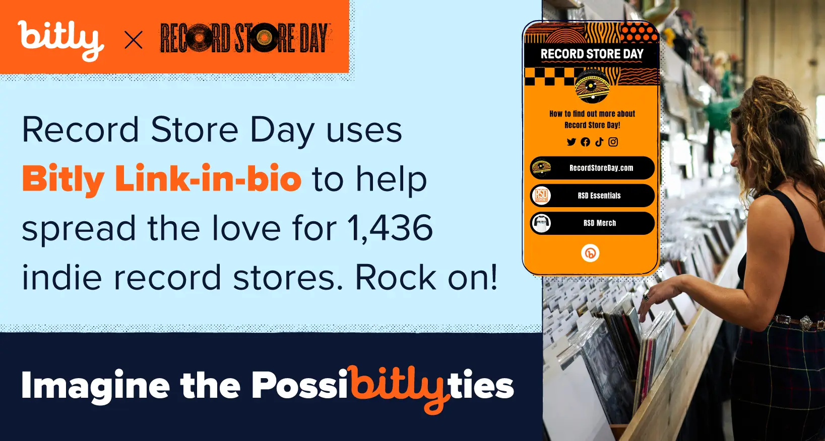 The Imagine the Possibitlies slogan accompanying how Record Store Day uses Bitly Link-in-bio.