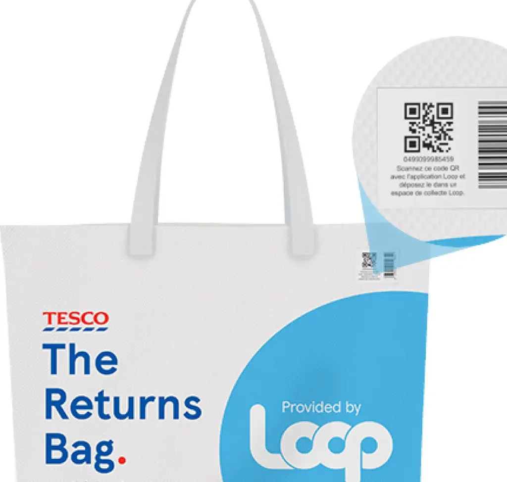 A white and blue bag with a QR Code and barcode label on it.