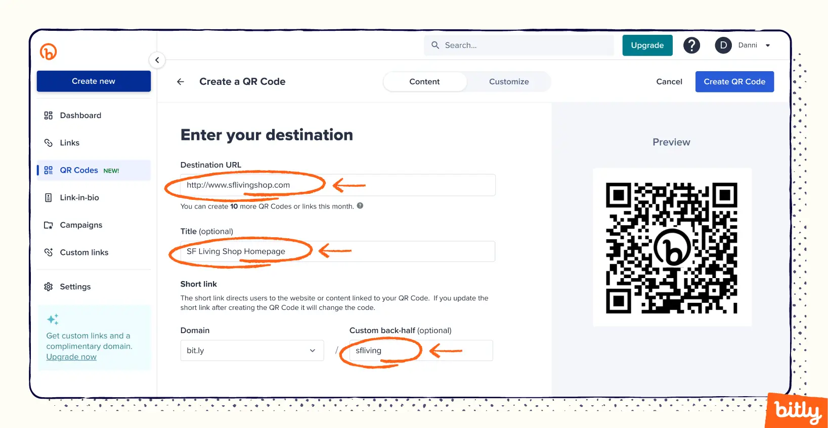 The creation process of making a QR Code in the Bitly app. 