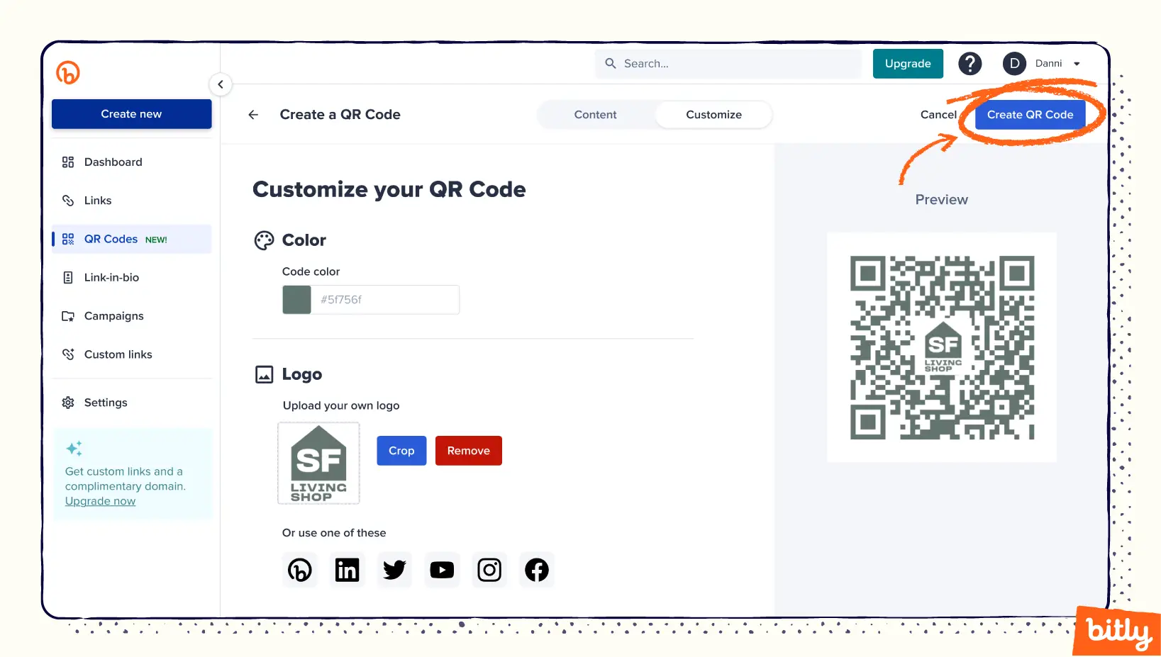 The Bitly QR Code creator with an arrow pointing to the Create QR Code button.