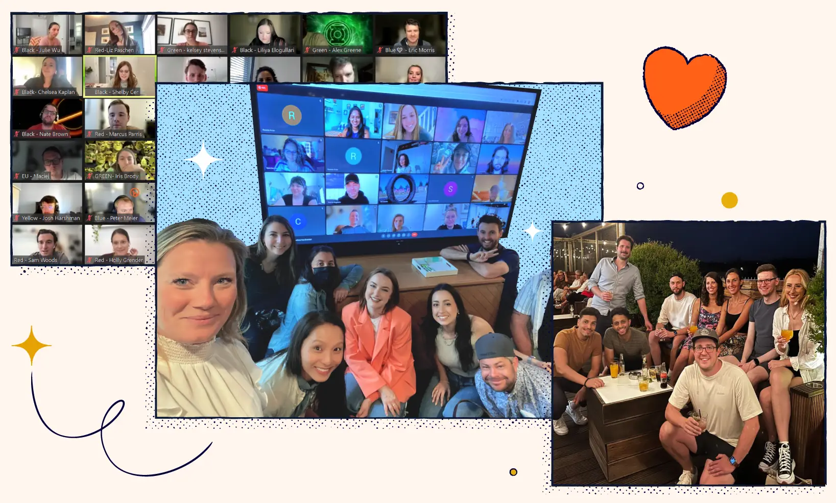 A collage of photos featuring Bitly employees on a remote video call and at a restaurant at night.