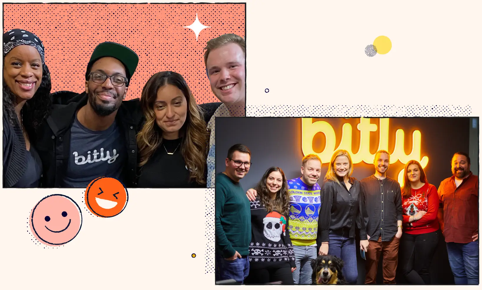 A collage of two photos featuring two groups of Bitly employees smiling in photos.