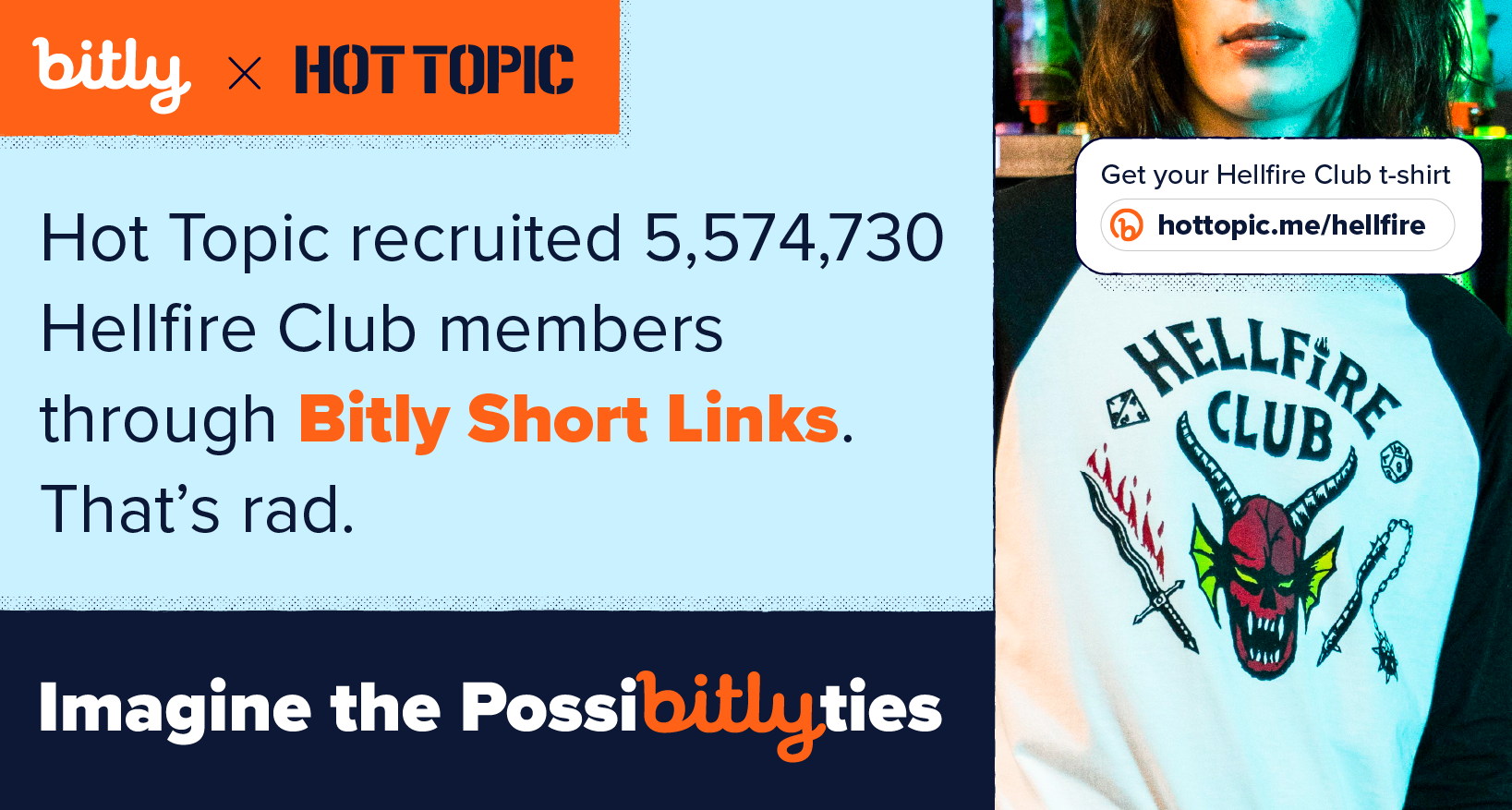 A person wearing a Hellfire Club t-shirt next to information about how Hot Topic uses Bitly short links.