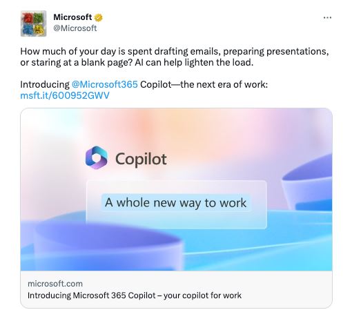 A tweet by Microsoft introducing a new prodcut called Microsoft 365 Copilot.