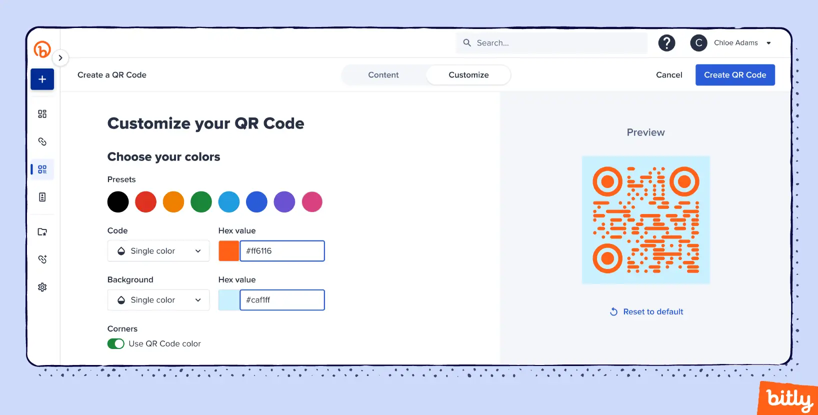 The window in the Bitly Connections Platform showing color customization options for QR Codes.