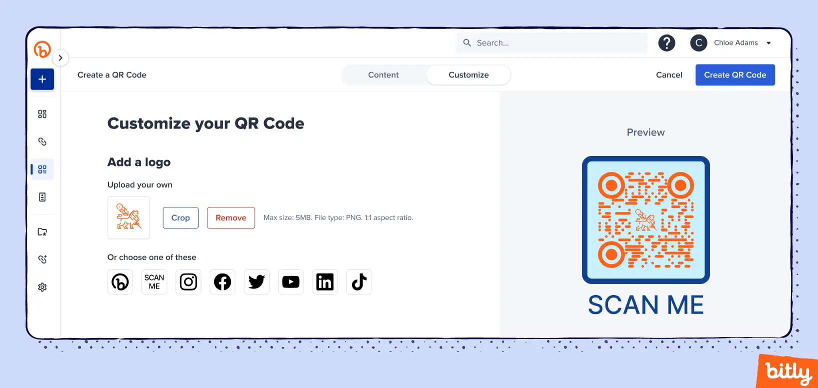 The menu in the Bitly Connections Platform where a user can upload their own logo or choose a social media icon to add to their QR Code.