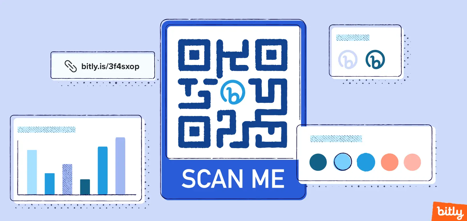 A custom Bitly QR Code next to a Bitly link, a bar graph, and various customization options.