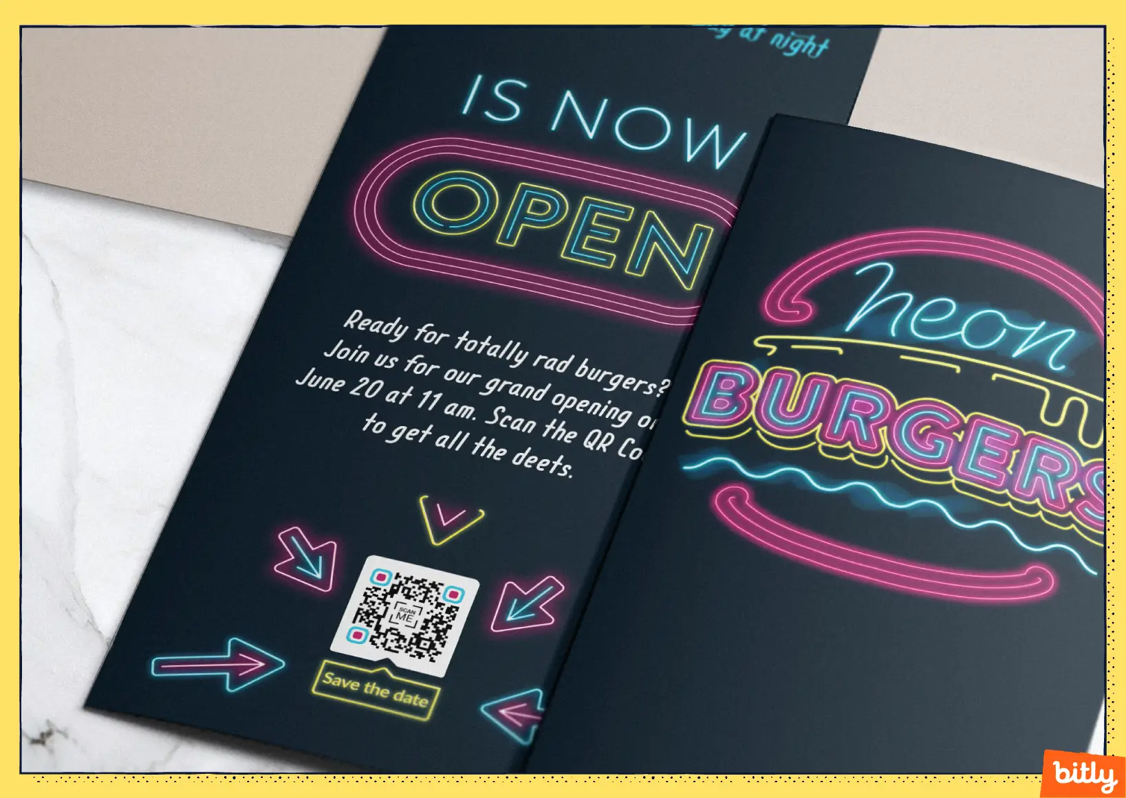 A brochure showcasing a burger restaurant with a QR Code that says "Save the date" below it.