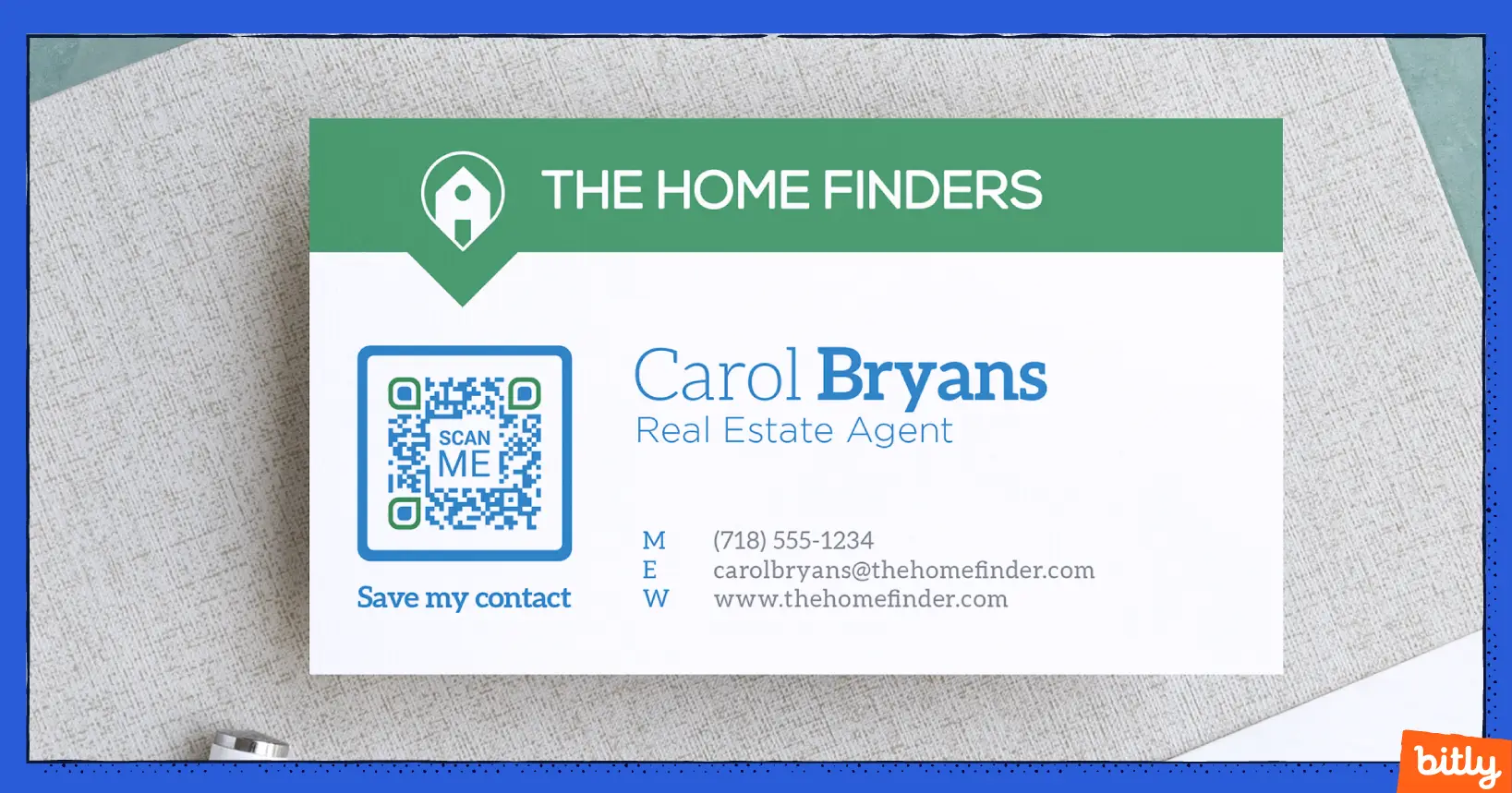 A business card for a real estate employee with their personal details and a QR Code and Save my contact call-to-action