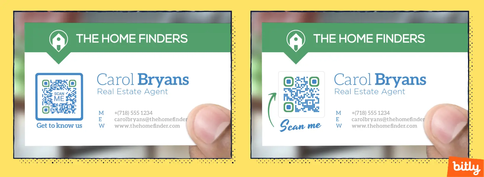 Two business cards side by side featuring two different QR Codes that are customized to A/B test the designs.
